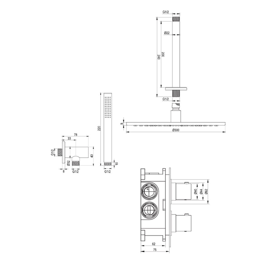 Regendoucheset Inbouw Brauer Gold Edition Thermostatisch 30cm met 3-Weg Omstelling, Plafondarm en Staaf Handdouche Geborsteld Goud