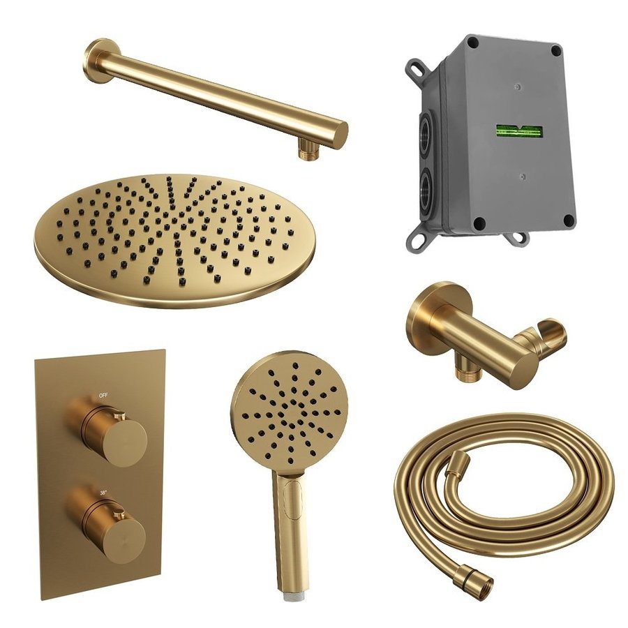 Regendoucheset Inbouw Brauer Gold Edition Thermostatisch 30cm met 3-Weg Omstelling, Wandarm en 3-Standen Handdouche Geborsteld Goud