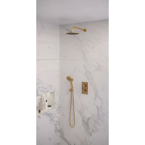 Regendoucheset Inbouw Brauer Gold Edition Thermostatisch 20cm met 3-Weg Omstelling, Gebogen Wandarm en 3-Standen Handdouche Geborsteld Goud 