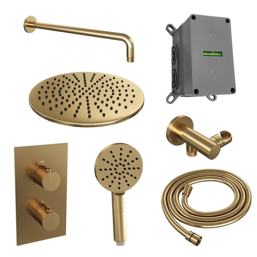 Regendoucheset Inbouw Brauer Gold Edition Thermostatisch 30cm met 3-Weg Omstelling, Gebogen Wandarm en 3-Standen Handdouche Geborsteld Goud