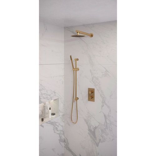 Regendoucheset Inbouw Brauer Gold Edition Thermostatisch 20cm met 3-Weg Omstelling, Wandarm, Glijstang en Staaf Handdouche Geborsteld Goud 