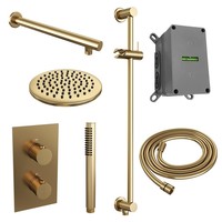 Regendoucheset Inbouw Brauer Gold Edition Thermostatisch 20cm met 3-Weg Omstelling, Wandarm, Glijstang en Staaf Handdouche Geborsteld Goud