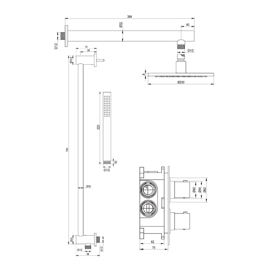 Regendoucheset Inbouw Brauer Gold Edition Thermostatisch 30cm met 3-Weg Omstelling, Wandarm, Glijstang en Staaf Handdouche Geborsteld Goud