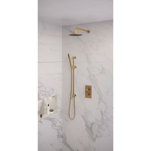 Regendoucheset Inbouw Brauer Gold Edition Thermostatisch 20cm met 3-Weg Omstelling, Gebogen Wandarm, Glijstang en Staaf Handdouche Geborsteld Goud 