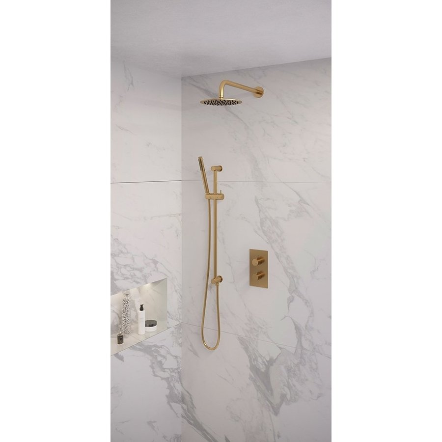 Regendoucheset Inbouw Brauer Gold Edition Thermostatisch 20cm met 3-Weg Omstelling, Gebogen Wandarm, Glijstang en Staaf Handdouche Geborsteld Goud