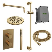 Regendoucheset Inbouw Brauer Gold Edition Thermostatisch 20cm met 3-Weg Omstelling, Gebogen Wandarm, Glijstang en Staaf Handdouche Geborsteld Goud