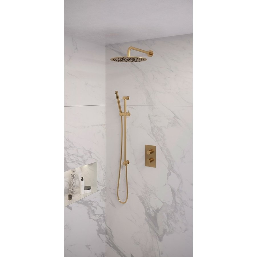 Regendoucheset Inbouw Brauer Gold Edition Thermostatisch 30cm met 3-Weg Omstelling, Gebogen Wandarm, Glijstang en Staaf Handdouche Geborsteld Goud