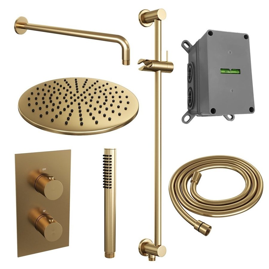 Regendoucheset Inbouw Brauer Gold Edition Thermostatisch 30cm met 3-Weg Omstelling, Gebogen Wandarm, Glijstang en Staaf Handdouche Geborsteld Goud