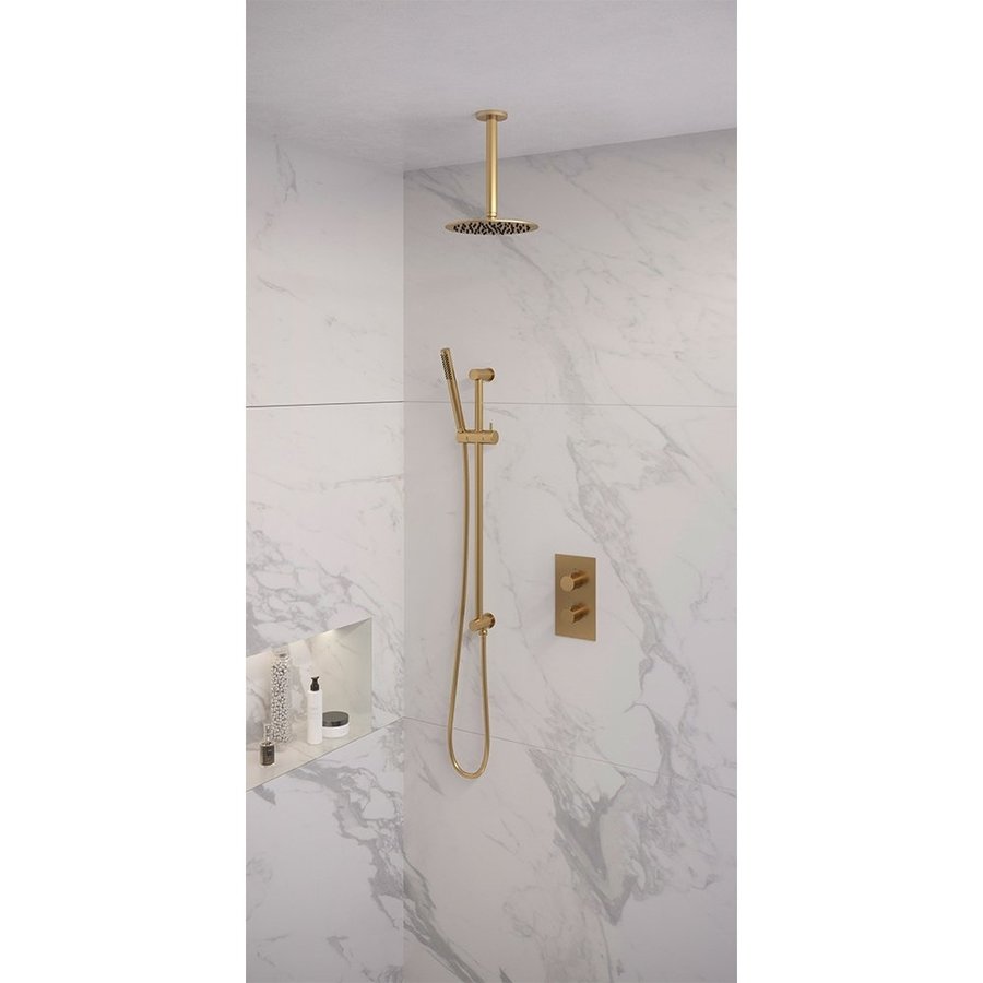 Regendoucheset Inbouw Brauer Gold Edition Thermostatisch 20cm met 3-Weg Omstelling, Plafondarm, Glijstang en Staaf Handdouche Geborsteld Goud