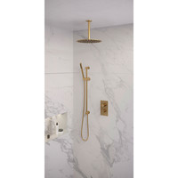 Regendoucheset Inbouw Brauer Gold Edition Thermostatisch 30cm met 3-Weg Omstelling, Plafondarm, Glijstang en Staaf Handdouche Geborsteld Goud