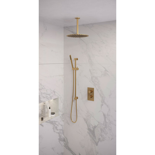 Regendoucheset Inbouw Brauer Gold Edition Thermostatisch 30cm met 3-Weg Omstelling, Plafondarm, Glijstang en Staaf Handdouche Geborsteld Goud 