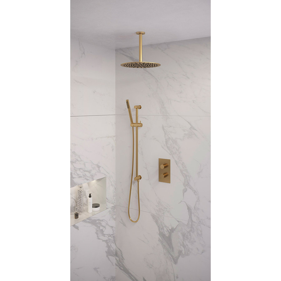 Regendoucheset Inbouw Brauer Gold Edition Thermostatisch 30cm met 3-Weg Omstelling, Plafondarm, Glijstang en Staaf Handdouche Geborsteld Goud