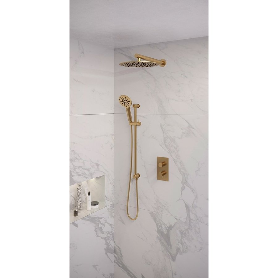 Regendoucheset Inbouw Brauer Gold Edition Thermostatisch 30cm met 3-Weg Omstelling, Wandarm, Glijstang en 3-Standen Handdouche Geborsteld Goud