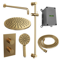 Regendoucheset Inbouw Brauer Gold Edition Thermostatisch 30cm met 3-Weg Omstelling, Gebogen Wandarm, Glijstang en 3-Standen Handdouche Geborsteld Goud