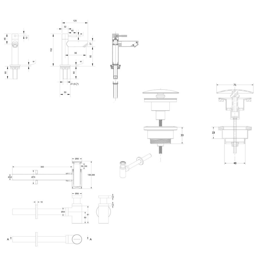 Fonteinkraanset INK Laag Model Inclusief Waste en Design Sifon Chroom