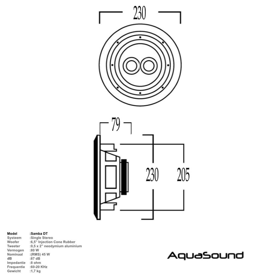 Speaker Aquasound Samba-DT (Single Stereo) Vochtbestendig Rond 23 cm Mat Zwart
