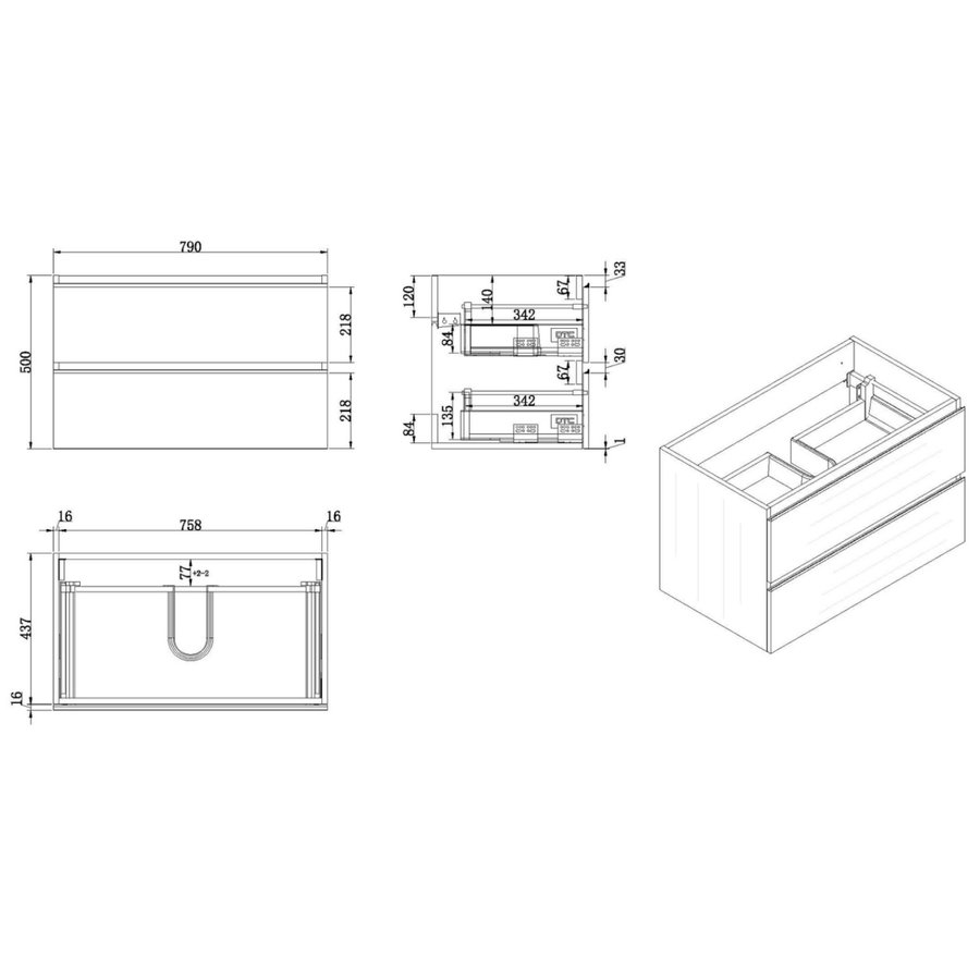 Onderkast Wiesbaden Tigris 80x46x58 cm Gefineerd Houtnerf Grijs (2 lades)