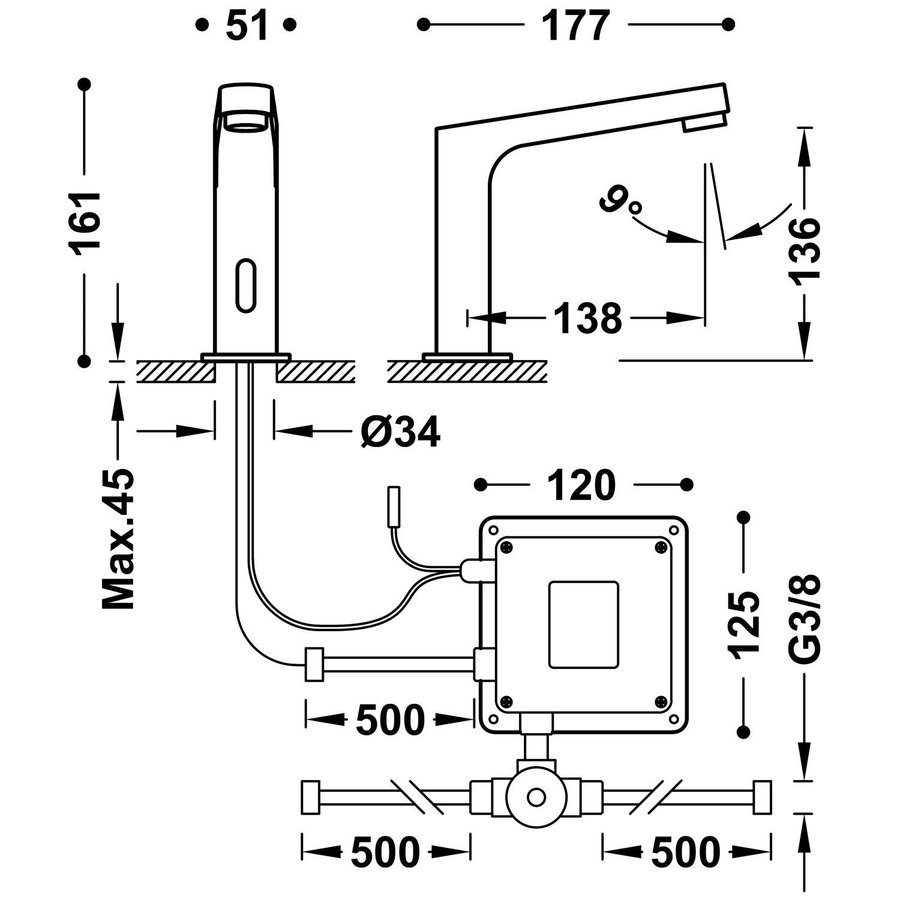 Elektronische Fonteinkraan Tres Tempo Base Hoekig 2 Uitgangen Chroom