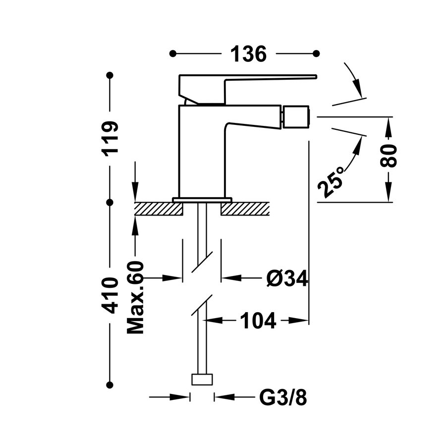 Bidetmengkraan Tres Slim Exclusive 1-Hendel Uitloop Recht Vierkant Mat Wit