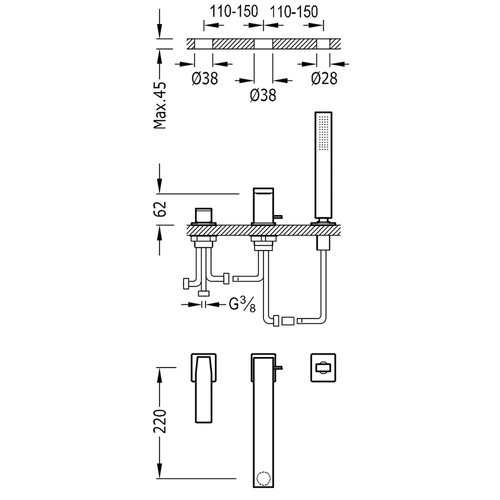 Badrandkraan Tres Slim Exclusive met Handdoucheset Rechte Uitloop 22 cm Mat Wit 