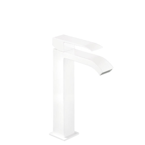 Wastafelmengkraan Tres Cuadro 1-Hendel Uitloop Gebogen Hoog 24 cm met Waterval Vierkant Mat Wit 