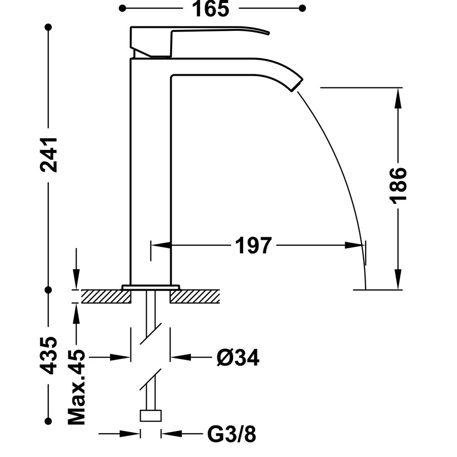 Wastafelmengkraan Tres Cuadro 1-Hendel Uitloop Gebogen Hoog 24 cm met Waterval Vierkant Mat Wit