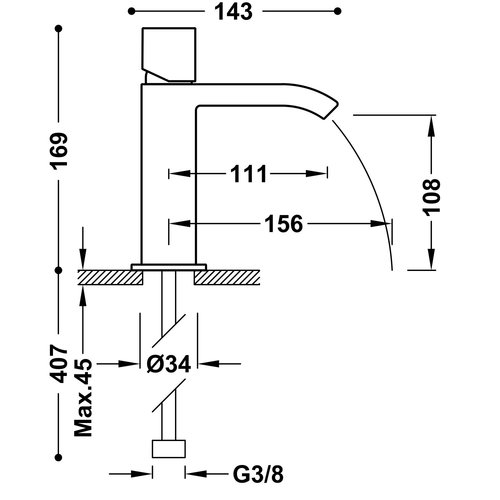 Wastafelmengkraan Tres Cuadro Exclusive Draaiknop Uitloop Gebogen 17 cm met Open Waterval Vierkant Chroom Wit 