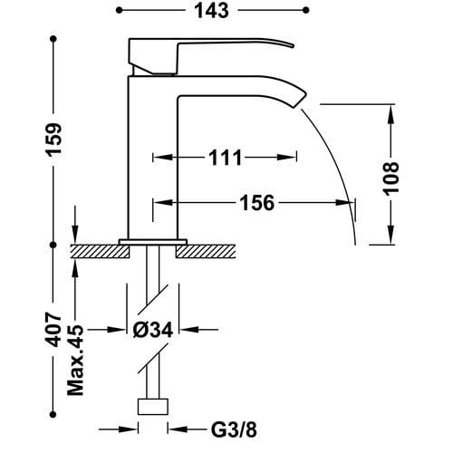 Wastafelmengkraan Tres Cuadro Exclusive 1-Hendel Uitloop Gebogen 17 cm met Open Waterval Vierkant Chroom Wit 