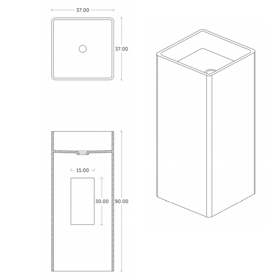 Wastafel Vrijstaand Crosstone Wendy 37x37x90 cm Solid Surface Vierkant Mat Wit