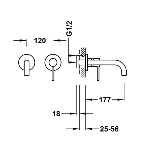Wastafelmengkraan Inbouw Tres Study Exclusive 2-Gats Gebogen Uitloop 18 cm en Hendel Mat Zwart 