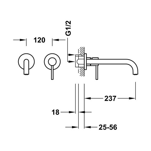 Wastafelmengkraan Inbouw Tres Study Exclusive 2-Gats Gebogen Uitloop 24 cm en Hendel RVS 