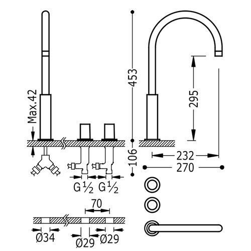 Wastafelmengkraan Tres Study Exclusive Tweeknops Uitloop Gebogen 29,5 cm Mat Goud 