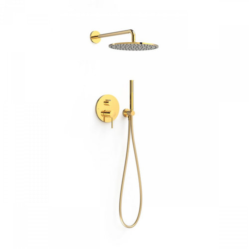 Regendoucheset Inbouw Tres Study Exclusive Rond 30 cm Met Wandarm en Handdoucheset met Staafhanddouche Rapid Box Goud 