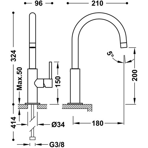 Wastafelmengkraan Tres Study Exclusive 32,4 cm met Hendel Uitloop Gebogen Rond Metallic Zwart 