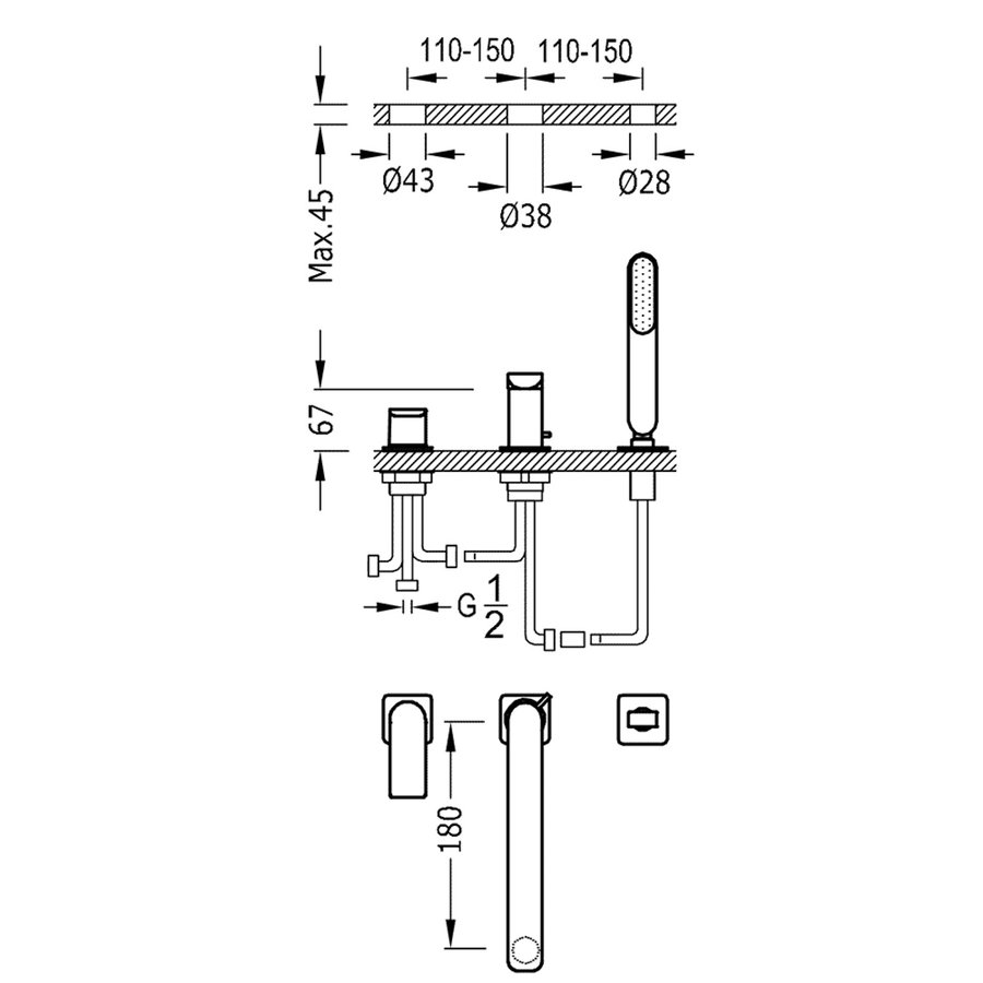 Badrandkraan Tres Loft Colors 1-Hendel Rechte Uitloop 18 cm met Omstel en Handdouche Mat Wit
