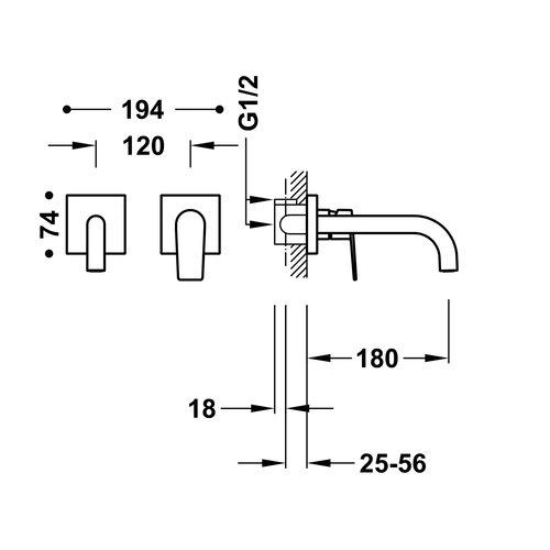 Wastafelmengkraan Inbouw Tres Project Gebogen Uitloop 18 cm Mat Zwart 