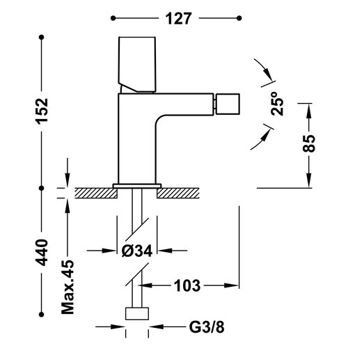 Bidetmengkraan Tres Project 1-Knop Uitloop Recht 8,5 cm Rond RVS 