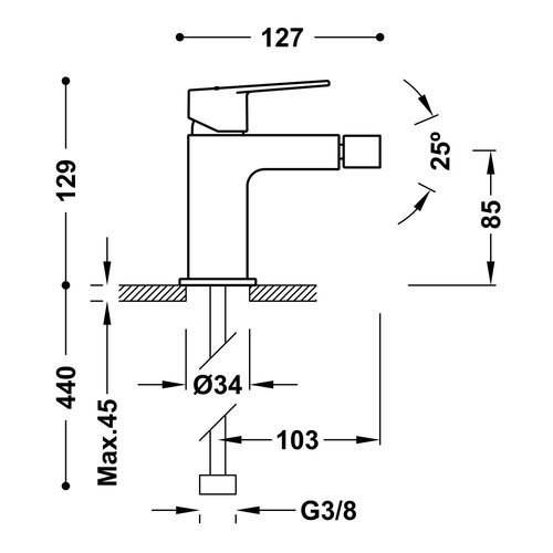 Bidetmengkraan Tres Project 1-Hendel Uitloop Recht 8,5 cm Rond RVS 