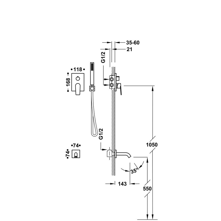 Badkraan Inbouw Tres Project met Staafhanddouche, Wanduitloop en Mengkraan Rapid Box Mat Wit