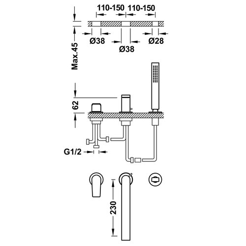 Badrandkraan Tres Project 1-Hendel Rechte Uitloop 23 cm met Omstel en Handdouche RVS 