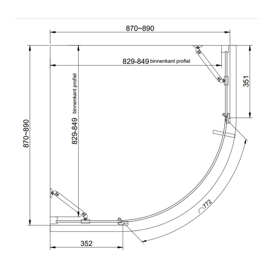 Douchecabine Van Rijn ST05 Kwartrond Aluminium 90x200 cm 8 mm Helder Glas Zwart