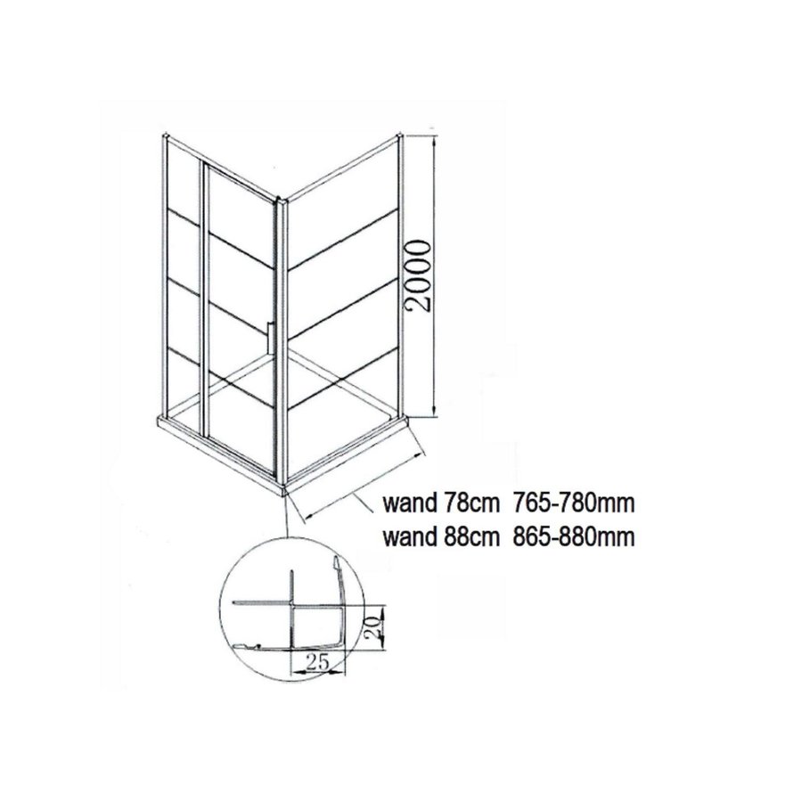 Aquasplash Inloopdouche Frame 78x200 cm 8mm NANO Glas Mat Zwart