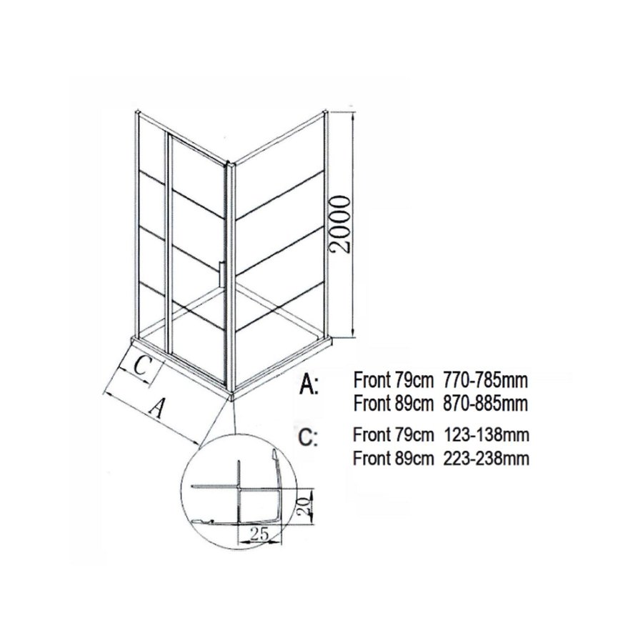 Aquasplash Douchecabine Deur Frame met Vast Paneel 89x200 cm 8 mm NANO Glas Mat Zwart Raster