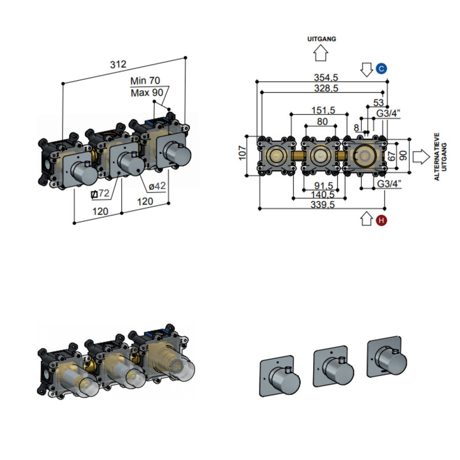 Inbouw Douchekraan Hotbath Gal Thermostaatkraan met 2 Stopkranen Chroom