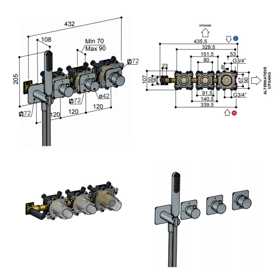 Inbouw Thermostaatkraan Hotbath Gal Voor Bad en Douche met 2 Stopkranen Zonder Uitloop Geborsteld Gunmetal PVD