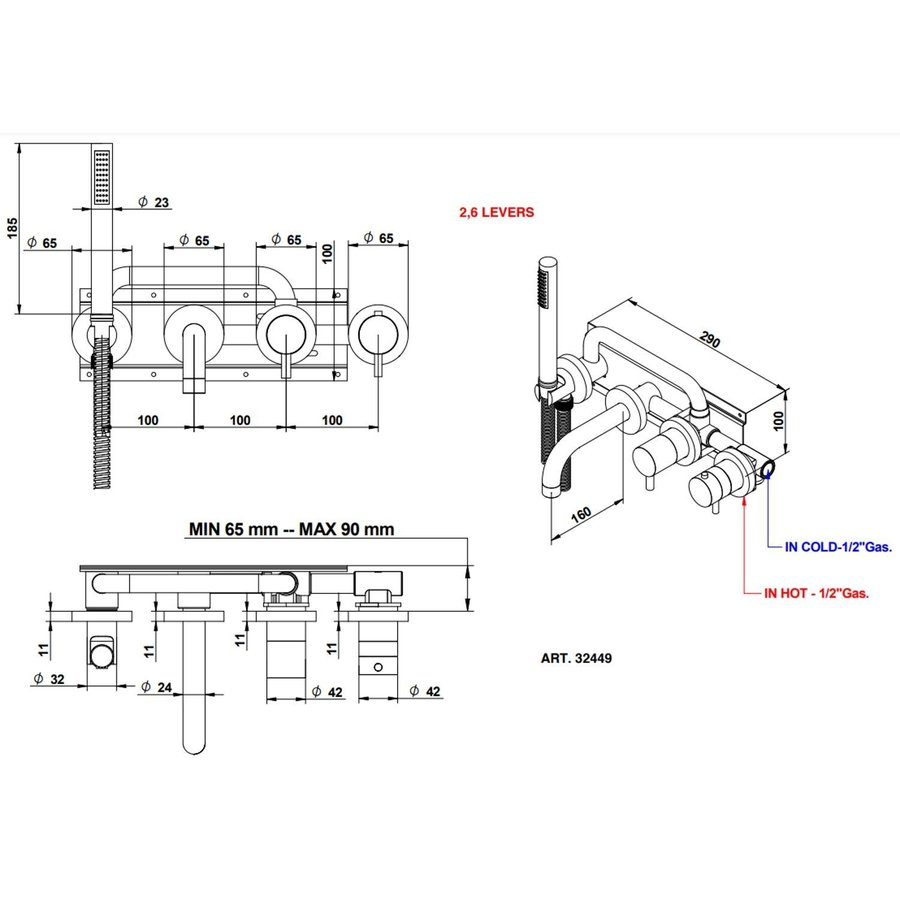 Badkraan Inbouw Bongio Squadra Thermostatisch 16 cm Uitloop met Handdoucheset en 2-Weg Omstel Chroom