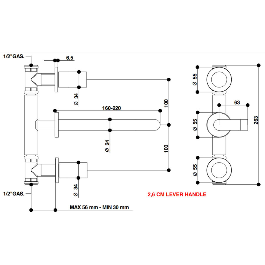 Wastafelmengkraan Inbouw Bongio Squadra 16 cm Uitloop 2 Hendels RVS look