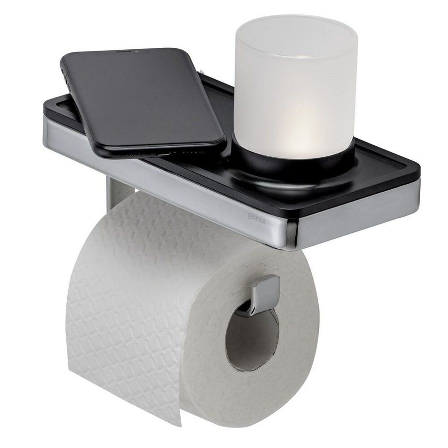 Planchet met Toiletrolhouder en Houder LED Licht Geesa Frame Zwart Chroom