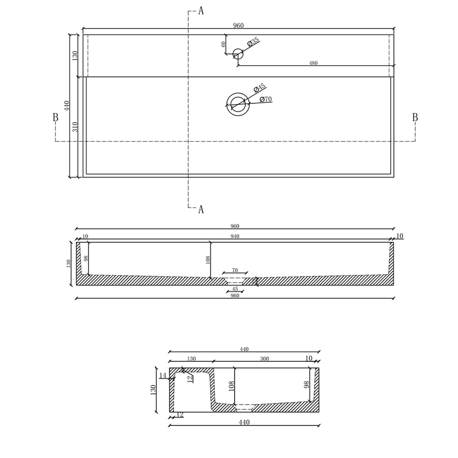 Wastafel Sapho Quadrado 96x44 cm Wit