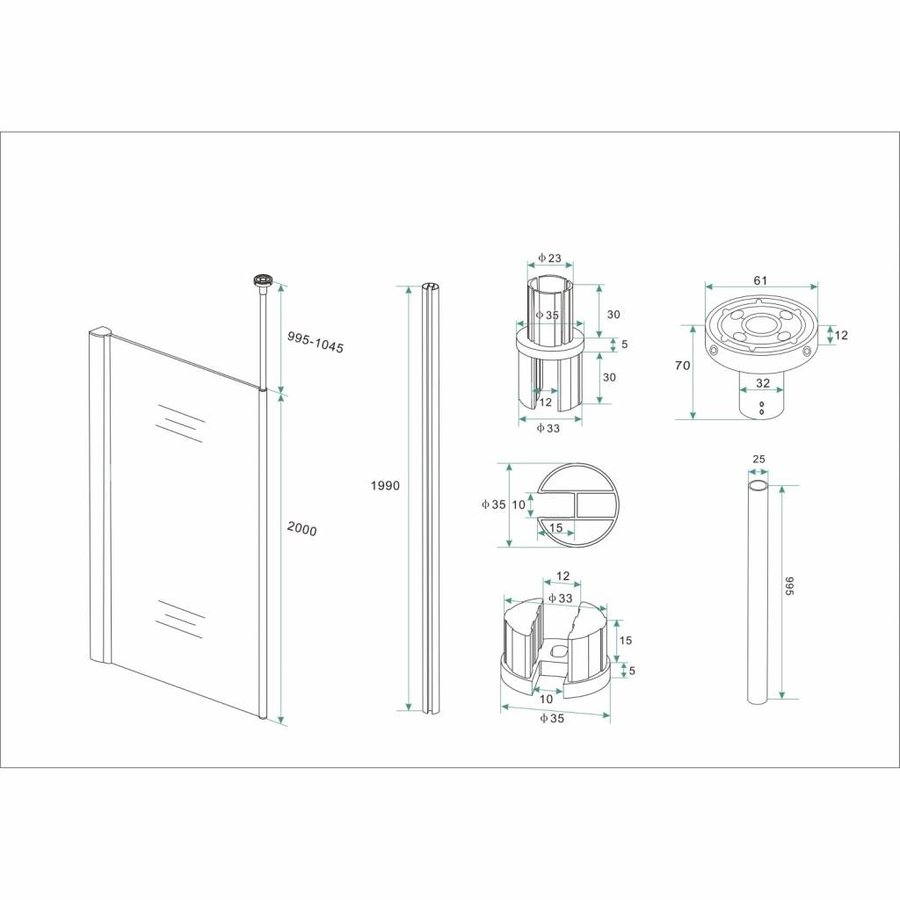 Douchewand met Verticale Stabilisatiestang 10mm NANO Coating (50 t/m 130 cm)